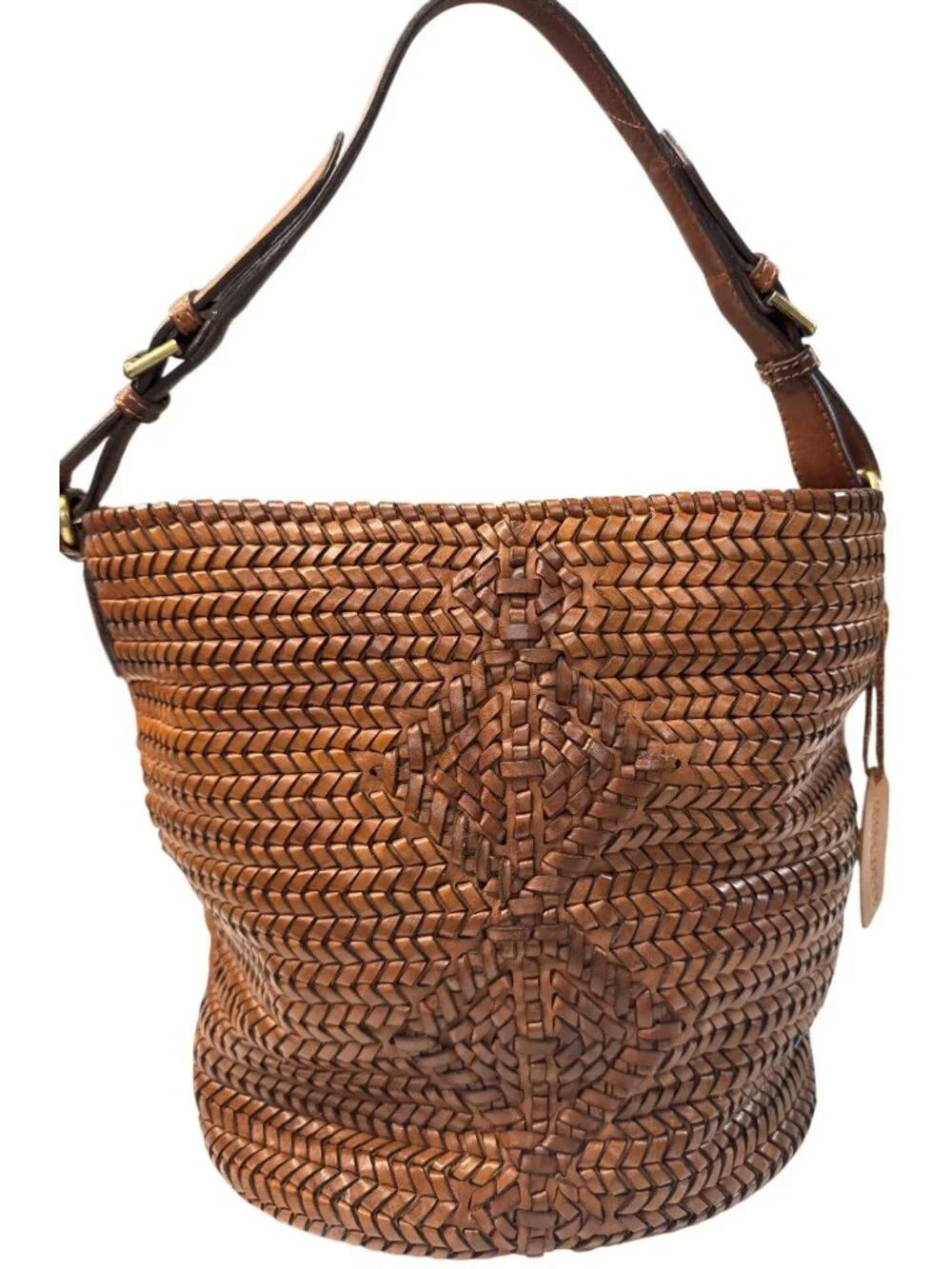 Woven Genuine Leather Brown Shoulder Bag W/Adjustable Strap & Inner Pockets